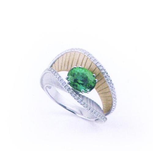 Kullast sõrmus - roheline turmaliin, teemandid 0,24ct